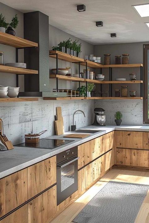 32 Open Shelving Kitchen Ideas to Maximize Storage Open Rack Kitchen, Organize Open Shelves Kitchen, Kitchen No Cabinets Ideas, Cabinetless Kitchen Ideas, Simple Open Shelving Kitchen, Kitchen Cabinets With Upper Shelves, Kitchen Design With Open Shelves, Kitchen With Open Cabinets, Open Concept Cabinets