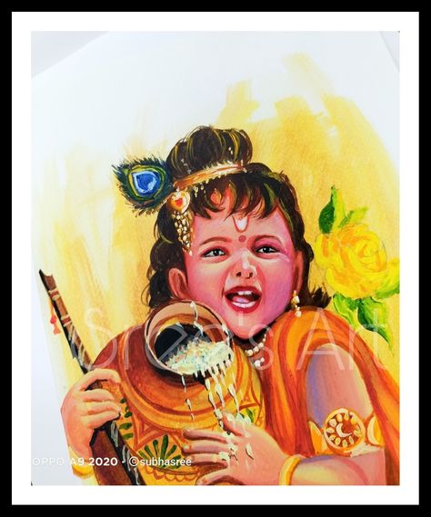 Krishna painting with acrylic on paper... Bal gopal.. little Krishna,.. radha krishna painting Bal Krishna Painting Canvases, Bal Gopal Drawing, Gopal Drawing, Krishna Janmashtami Drawing, God Reference, Drawing With Acrylic Paint, Krishna Ji Drawing, Krishna Bal Gopal, Janmashtami Drawing