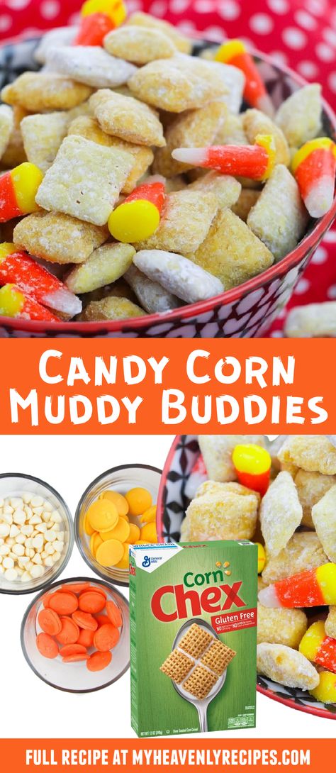 Candy Corn Muddy Buddies- fall dessert treat idea to make. Candy corn puppy chow. Fall themed puppy chow Candy Corn Blondies, Candy Corn Puppy Chow, Corn Recipes Easy, Candy Corn Recipes, Corn Chex, Yellow Candy, Muddy Buddies, Fall Foods, Christmas Candy Recipes