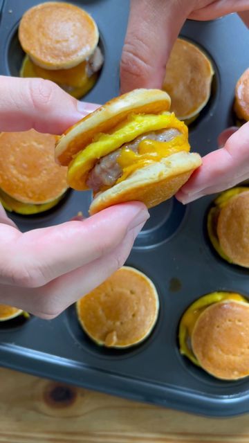 Shay Spence on Instagram: "They’re mini sausage mcgriddles in a muffin tin 🥹🥹 full recipe below and follow along for my Easter brunch series! MINI SAUSAGE MCGRIDDLES RECIPE Cooking spray or softened butter 6 eggs Salt and pepper 12 small breakfast sausage patties 3 slices cheddar cheese, cut into quarters (12 mini slices total) 24 frozen mini pancakes 1/4 cup maple syrup Preheat oven to 350F. Grease a 12-cup muffin tin with cooking spray or softened butter (make sure to grease very well so the Mini Pancake Breakfast Sandwiches, Mini Pancake Sandwiches, Mini Pancake Sausage Bites, Frozen Mini Pancake Casserole, Mini Sausage Mcgriddles, Mini Egg Bites Breakfast Muffins, Mini Mcgriddles, Mini Breakfast Sandwiches, Mini Mcgriddle Bites