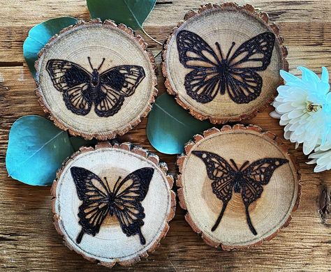 Shelly Robinson on Instagram: “These custom, wood burned, butterfly coasters will be hard to let go. Love the way they came out. @bostongal8888…” Wood Burned Butterfly, Wood Burning Coasters Ideas, Butterfly Pyrography, Wood Burn Coasters, Pyrography Coasters, Woodburned Coasters, Wood Burning Coasters, Wood Burned Coasters, Butterfly Coasters