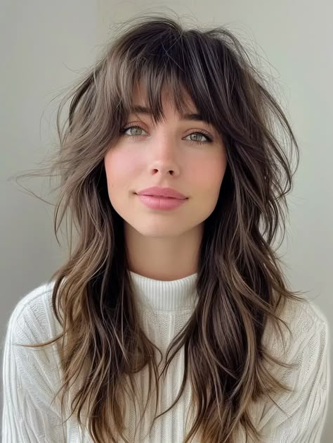 Choppy Long Bob Hairstyles With Bangs, Medium Length Shag Haircuts With Bangs Curly, Shag Hair Medium Length, Curtain Shag Bangs, 70s Fringe Bangs Long Hair, Medium Length Haircut With Layers And Curtain Bangs Thick Hair, Long Layered Shag Haircut Curtain Bangs, Shag Hair Curtain Bangs, Modern Shag Curtain Bangs