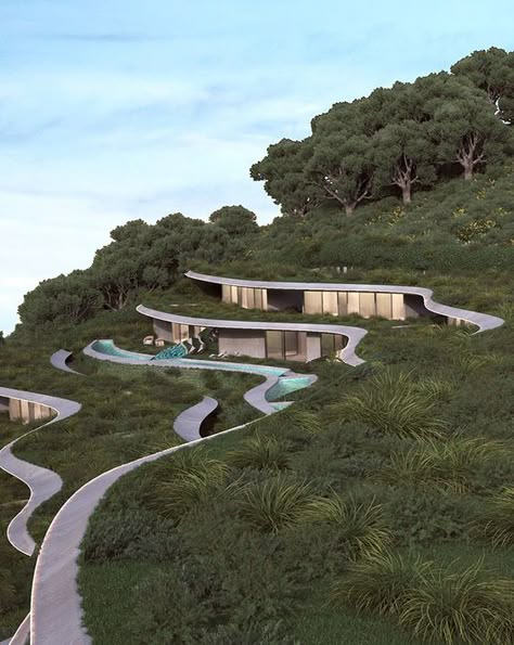 Gods and Dreams Resort Inspired by the Topography | themindcircle Architecture In Topography, House On Slope Architecture, Slope Architecture Concept, Building On Slope, Modern Resort Design, House In A Hill, Mountain Architecture Design, Architecture Topography, Houses On Hills