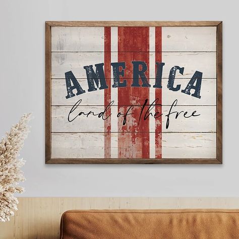 America Land Of The Free Stripes Whitewash Wall Art. today! | Antique Farmhouse America Land Of The Free Stripes Whitewash Wall Art | Wood | Size: 20x16 Americana Farmhouse Decor, Farmhouse Patriotic Decor, Farmhouse Americana, Door Rounds, Parlor Decor, Americana Crafts, Patriotic Diy, Patriotic Wall, 4th July Crafts