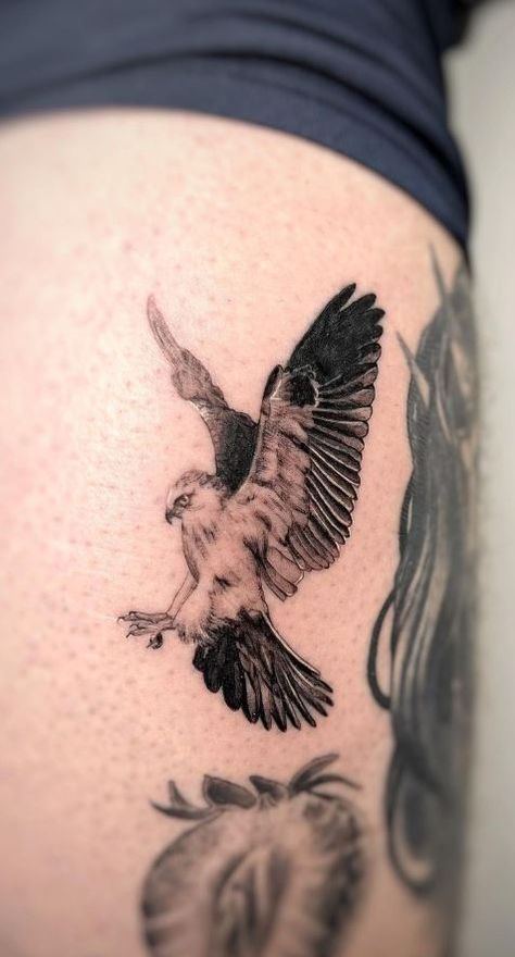 Hawk Bird Tattoo, Tiny Hawk Tattoo, Hawk Tattoo Feminine Simple, Hawk Back Tattoo, Native American Hawk Tattoo, Hawk Line Tattoo, Hawk With Flowers Tattoo, Hawk Tattoo Feminine, Spiritual Hawk Tattoo