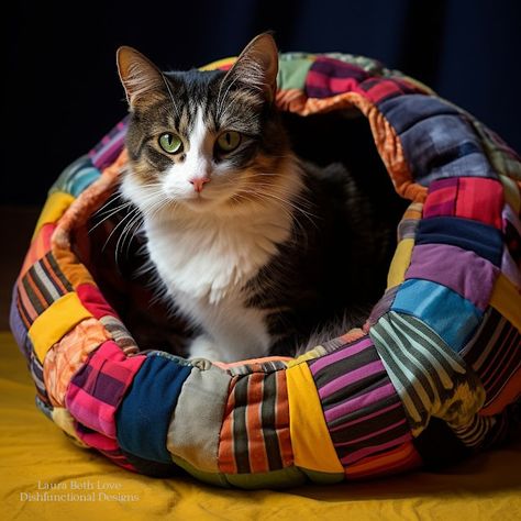 Dishfunctional Designs: Upcycled Patchwork Cat Beds That You Can Make At Home Quilted Cat Bed, Cat Bed Diy Sewing, Cat Bed Pattern Sewing, Sewing Projects For Cats, Cat Sewing Projects, Homemade Cat Beds, Thor Cat, Cat Bed Ideas, Patchwork Cat