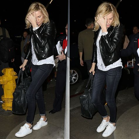 Charlize Theron catching a flight out of Los Angeles International Airport (LAX) in Los Angeles, California, on March 13, 2015 Leather Jacket White Sneakers, Leather High-top Sneakers For Sports In Athleisure Style, Sporty Swift Leather Sneakers With White Sole, Rosie Huntington Whiteley Sneakers, Charlize Theron Atomic Blonde Outfits, White Leather Vans, Leather Sneakers Outfit, White Tennis Shoes Outfit, Celebrity Sneakers