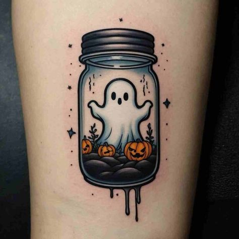 Halloween Tattoo Ideas, Floating Ghosts, Duck Tattoos, Mushroom Tattoos, Ghost Tattoo, Theme Tattoo, Spooky Tattoos, Halloween Tattoo, Funny Ghost