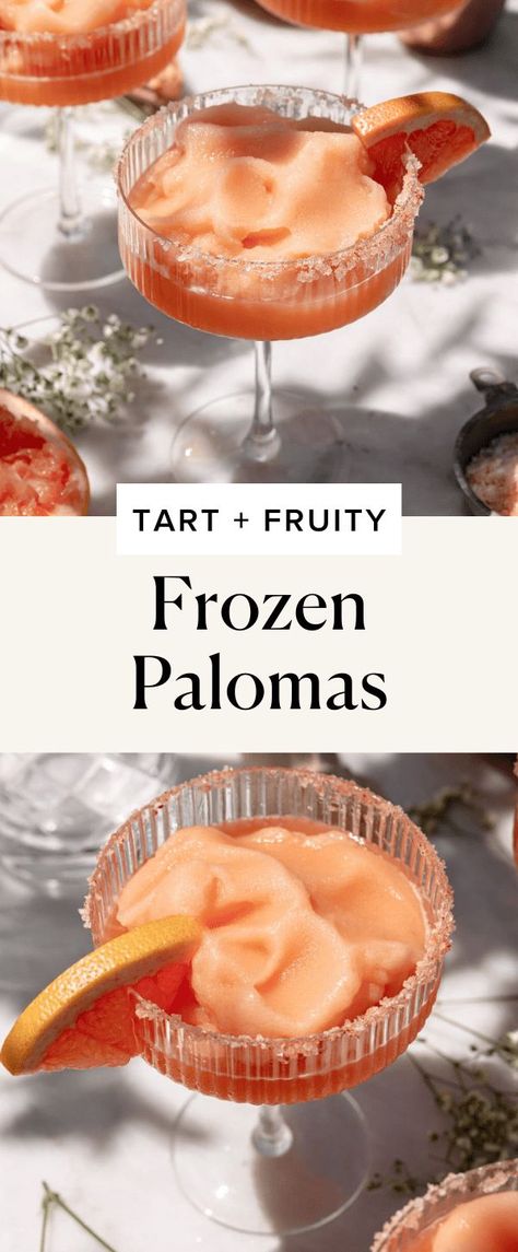 Celebrate outdoor cocktail season with our new favorite summer cocktail: frozen palomas. Take all the tart, fruity flavor of a classic paloma and blend it up into a refreshing frozen cocktail! Enjoy! frozen margarita recipes. frozen drinks alcohol. frozen drinks. palomas. frozen drinks alcohol recipes. alcoholic drinks. alcoholic drinks recipes Frozen Paloma, Paloma Recipe, Frozen Cocktail, Broma Bakery, Frozen Margaritas, Outdoor Cocktail, Summer Baking, Frozen Cocktails, Party Food And Drinks