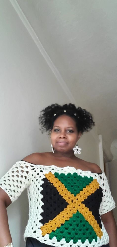 Jamaican Crochet, Jamaican Flag, Jamaica Flag, Fun Crochet, Crochet Granny Square, Fun Crochet Projects, Tapestry Crochet, Off The Shoulder Top, Crochet Granny