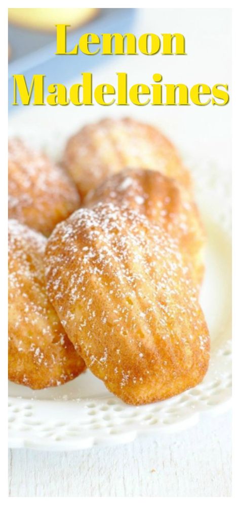 Lemon Madeleines - A delicious French dessert perfect for spring! Light lemon cakes baked in a shell-shaped madeleine pan and topped with powdered sugar. These lemon madeleines are pure perfection! French Madeleines Recipe | Lemon Madeleine | Madeleine Cake Recipe Madeline Cookies Recipe, Madelines Recipe, Lemon Madeleines, French Madeleines, Madeleines Recipe, Madeleine Cake, Madeline Cookies, Baking Soda Shampoo Recipe, Madeleine Recipe