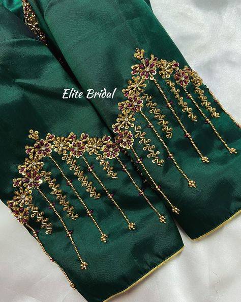 Floral Work Blouse 💚🍃 Latest Aari Work Blouse Designs 2024, Kundan Work Blouse Designs Latest, Work For Blouse Designs, Tassel For Blouse, Green Aari Work Blouse, Simple Work Blouse, Aari Buttas, Ladies Frock Design, Floral Work Blouse