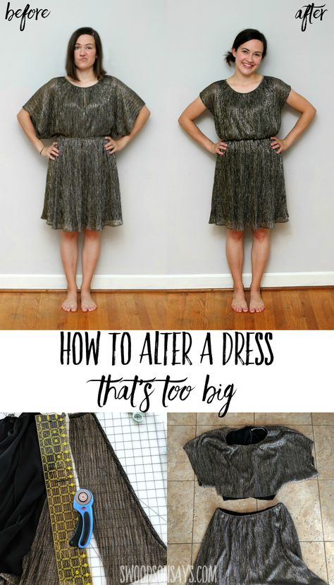 See how to refashion a baggy dress into a new silhouette, transforming a dolman sleeve into a cap sleeve! Photo tutorial of how to alter a dress that's too big, sew yourself a new dress from an old one. #refashion #sewing How To Alter A Dress That Is Too Big, Sewing Refashion, Upcycled Sewing, Refashion Dress, Baggy Dresses, Clothes Hacks, Beginner Sewing Patterns, Big Dresses, Dress Alterations