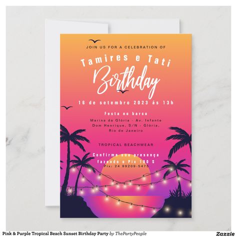 Pink & Purple Tropical Beach Sunset Birthday Party Invitation | Zazzle Beach Theme Birthday Invitations, Birthday Invitations Beach Theme, Beach Theme Party Invitations, Ibiza Party Invitation, Tropical Birthday Party Invitations, Sunset Party Invitation, Beach Birthday Party For Adults, Beach Sunset Birthday, Sunset Themed Party