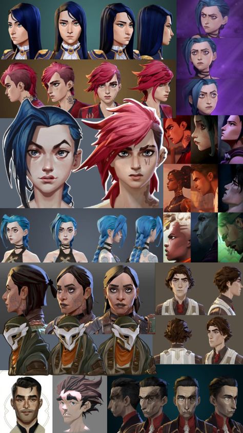 i had to make a collage of arcane’s character designs for a class lol Arcane Rendering Style, Arcane Faces Study, Arcane Characters Design, Arcane Rendering, Arcane Reference Sheet, How To Draw Arcane Art Style, Arcane Face Study, Arcane Art Study, Arcane Character Sheet