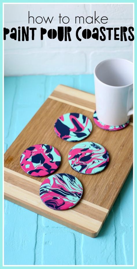 how to make a Paint Pour Coasters Craft Idea - love this!! - - Sugar Bee Crafts Coster Painting Ideas, Coaster Painting Ideas, Knotted Headband Diy, Handpainted Coasters, Homemade Coasters, Coaster Ideas, Diy Paintings, Messy Crafts, Pour Paint