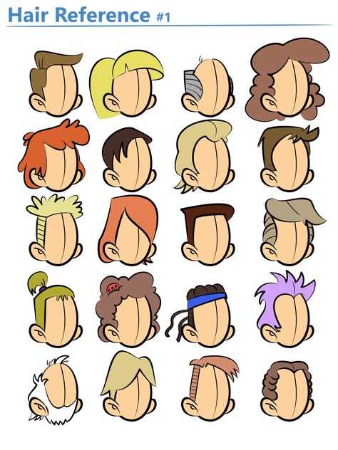 Cartoon hair reference Cartoon Mullet Hair, Cartoon Art Style Hair, Hair Reference Cartoon, Modern Cartoon Characters, Cartoon Drawings Hair, Cartoon Hair Ideas, Hair Color Illustration, Cartoon Head Reference, Cartoon Art Style Reference