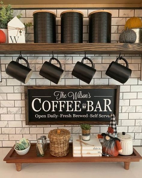 30 Best Coffee Bar Ideas 2022 - DIY Coffee Bar Ideas for Small Spaces Coffee Bar Chalkboard Sign, Black And White Coffee Bar Ideas, Coffee Bar Wooden Signs, Cute Coffee Bar Signs, Personalized Coffee Bar Signs, Coffee Bars In Kitchen Farmhouse, Black And Wood Coffee Bar, Small Coffee Station Ideas Kitchen, Coffee Bar Signs Diy Farmhouse