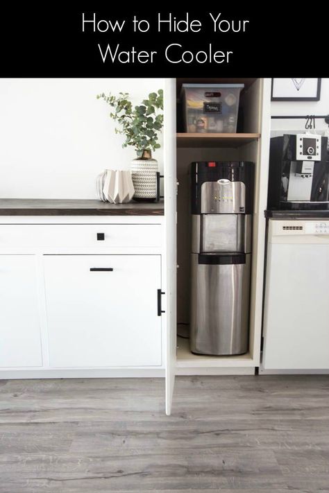 Wow! This is genius! Is your water cooler an eyesore? Hide it inside one of your tall cabinets with this simple tutorial! With just a few tools you can have your own hidden water cooler or water dispenser. Love this idea for a clean, modern look in the kitchen! #blackandwhite #modernkitchen #diy Water Dispenser Cabinet Ideas, Tall Cabinets, Apartment Things, Beautiful Modern Homes, Minimal Kitchen, Inside Cabinets, Kitchen Ideas Modern Luxury, Spice Storage, Large Cabinet