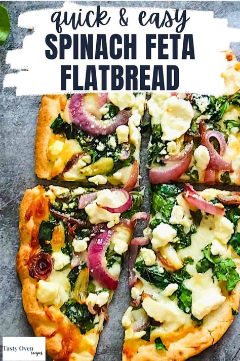 This quick Spinach and Feta Flatbread Pizza takes only 10 minutes in the oven and 5 minutes in the air fryer. Use fresh spinach, feta, mozzarella, and red onions on a flatbread pizza to put a unique and healthy twist on the usual pizza night. Flatbread Pizza Recipes Vegetarian, Healthy Naan Pizza Recipes, Pepperoni Flatbread Recipes, Flatbread Recipe Pizza, Mediterranean Diet Flatbread, Hamburger Flatbread Recipes, Flatbread Recipes Pizza Dough, Healthy Pita Pizza, Naan Bread Snack Ideas