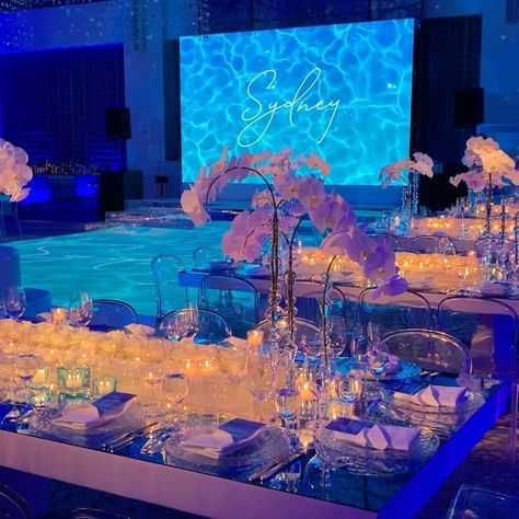 Ceci New York on Instagram: “Pool party Bat Mitzvah tonight with @victoriadubinevents! We loved setting the tone for our #CeciMitzvah girl Sydney’s big day. Wanted the…” Quinceanera Ocean Theme, Bat Mitzvah Themes Ideas, Bat Mitzvah Themes Decor, Bat Mitzvah Ideas, Bat Mitzvah Party Favors, Debutante Party, Grad Party Theme, Bat Mitzvah Logo, Bat Mitzvah Themes