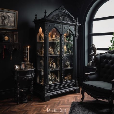 Curio Cabinet Aesthetic, Gothic Curio Cabinet, Diy Gothic Bookcase, Gothic China Cabinet, Gothic Display Cabinet, Gothic Cabinets, Gothic Storage, Gothic House Interior, Gothic Bookshelf