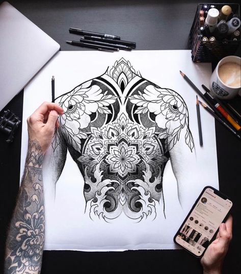 Back Piece Tattoo Design, Geometric Tattoo Sleeve Designs, 42 Tattoo, Backpiece Tattoo, Geometric Mandala Tattoo, Geometric Sleeve Tattoo, Back Piece Tattoo, Muster Tattoos, Pieces Tattoo