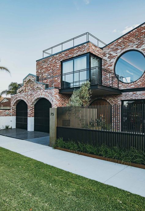 Home Exterior Brick, Industrial Exterior Design, Round Windows, Industrial Exterior, Exterior Wall Cladding, Industrial Style Home, Brick Exterior House, Melbourne House, Brick Facade