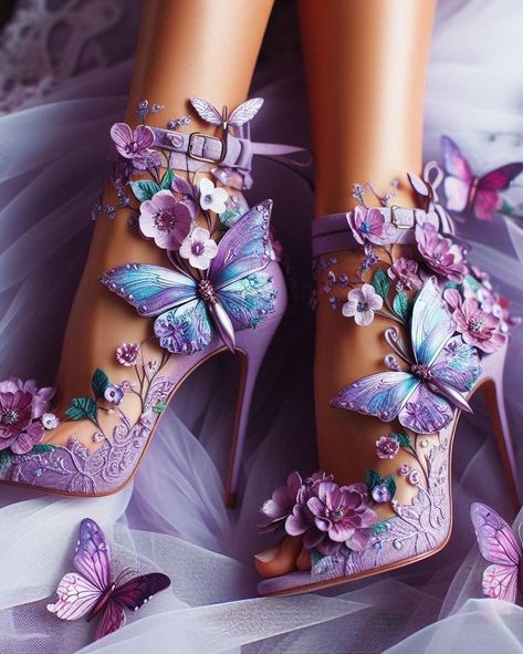 lavender fairy vibes 🧚🏽‍♂️🦋🌸 Fantasy Heels, Fairy Heels, Purple Butterfly Wings, Lavender Fairy, Whimsical Shoes, Fantasy Shoes, Art Costumes, Magic Shoes, Princess Fantasy