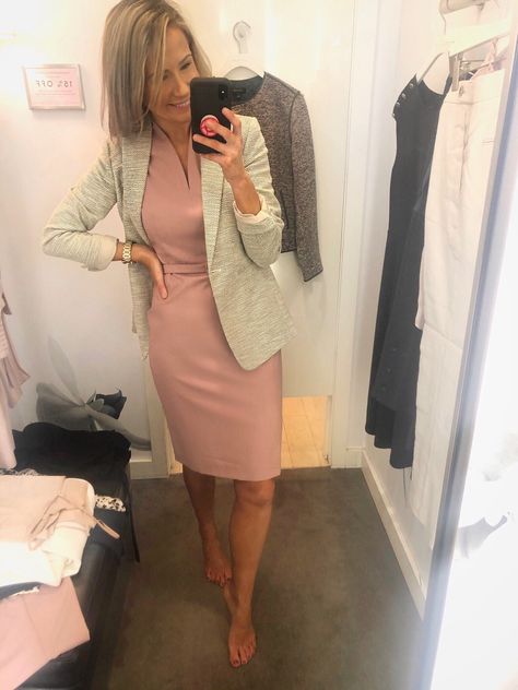 Ann Taylor dress for work, Ann Taylor pink dress, Ann Taylor gray blazer, spring work outfits, spring workwear inspo Weekly Work Outfits, Work Outfits Spring, Dress With Blazer, Spring Workwear, Work Clothes Ideas, Workwear Chic, Business Dress Women, Dressy Attire, Professional Work Outfit