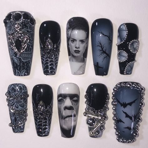 First Custom Halloween Set🧟‍♀️ Frankenstein Nails, Bride Nails, Bride Of Frankenstein, Corpse Bride, Frankenstein, Press On Nails, Nail Inspo, Nail Art, Nails