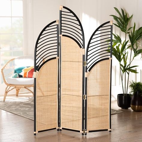 bali & pari Rasia Modern Bohemian Two-Tone Black and Natural Brown Rattan Room Divider - Bed Bath & Beyond - 38945229 Rattan Room Divider, Rattan Room, Wood Room Divider, Bohemian Room, Folding Room Dividers, Room Divider Screen, Divider Screen, Woven Rattan, Beachcrest Home