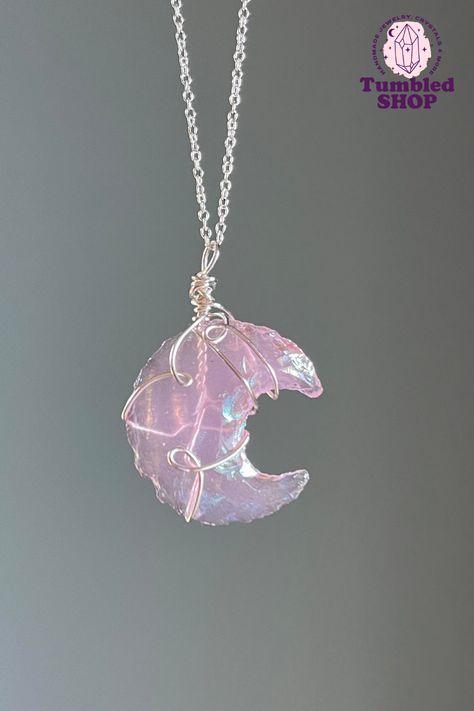 Aura Quartz Necklace, Silver Moon Jewelry, Celestial Boho Jewelry Celestial Boho, Aura Necklace, Pink Angel, Magical Stones, Crystal Moon, Rainbow Aura, Angel Aura Quartz, Crystal Necklaces, Angel Aura