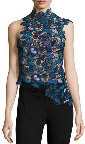 Self Portrait Celeste Guipure Lace Asymmetric Top  #SelfPortrait "Celeste" #top in #multicolor #floral guipure #lace Look No. 18 from the Fall 2016 runway collection. High neckline. #Sleeveless Fitted silhouette. Asymmetric hem. Back zip. Polyester/cotton. #Imported #Tops Lace Top Design, Cutwork Top, Guipure Lace Top, High Neck Lace Top, High Neck Sleeveless Top, Asymmetrical Midi Skirt, 2016 Runway, Asymmetric Top, Lace Sleeveless Top