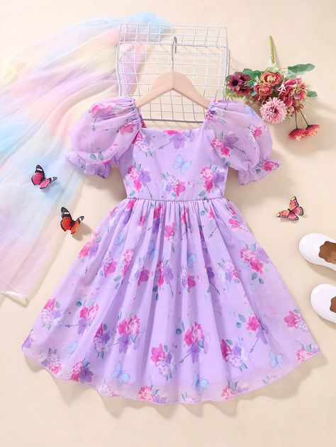 SHEIN Young Girl Floral Print Puff Sleeve DressI discovered amazing products on SHEIN.com, come check them out! Mode Purple, Shein Kids, Fancy Frocks, Kids Frocks Design, Purple Style, Kids Dress Wear, Girls Frock Design, Kids Designer Dresses, Boho Summer Dresses