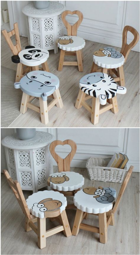 Children's Wooden Animal Stools - Cutest Ideas| The WHOot Woodworking Plans Beginner, Kids Stool, Diy Wooden Projects, Wooden Projects, Kids Wood, Wooden Animals, Baby Furniture, Wood Toys, Diy Plans