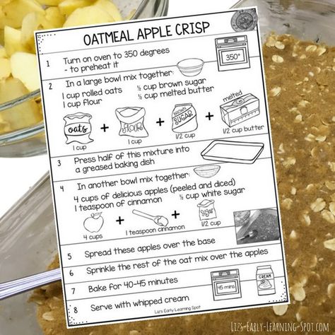 Apple Recipes For Preschoolers, Oatmeal Apple Crisp, Simple Oatmeal, Apple Crisp With Oatmeal, Oatmeal Apple, Preschool Cooking, Cooking In The Classroom, Apple Crisp Recipe, Kids Cookbook