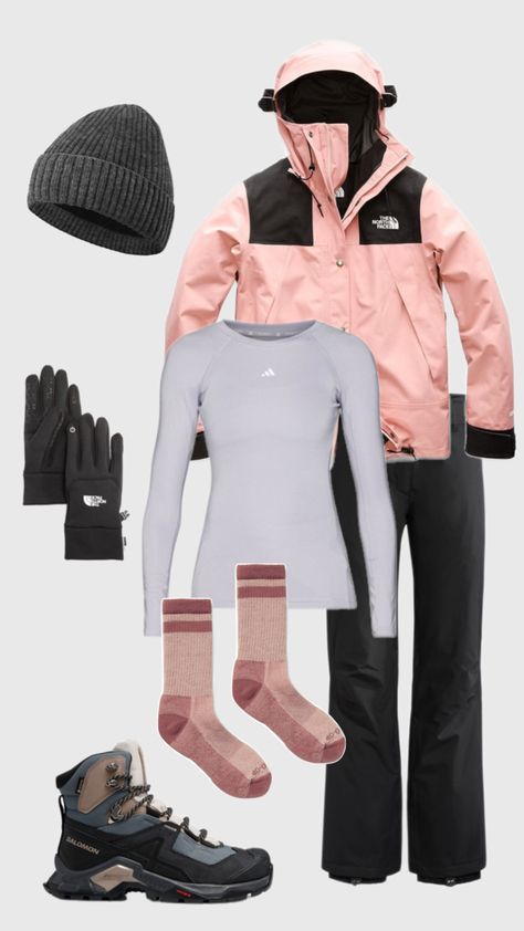 Granola girl warm winter hiking outfit, women hiking outfit, warm black trousers, pink The North Face winter jacket, water wind repellant, adidas thermo shirt, warm gloves, knitted beanie hat, pink wool socks, mid high hiking boots, ankle suport hiking boots Hiking Hats For Women, Winter Hiking Outfit Women, Oregon Outfits, Winter Hiking Outfit, North Face Winter Jacket, Thermo Shirt, Hiking Hats, Winter Jacket North Face, Gloves Knitted