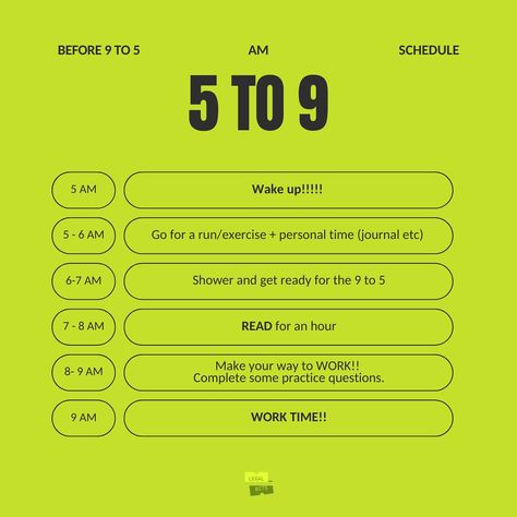 The “5 to 9” schedule before your “9 to 5” . It’s tough to juggle everything, especially working fulltime and studying. This schedule can be transformative for productivity and well-being. The early hours of the day (5:00 AM to 9:00 AM) can be used not only for SQE prep but for personal growth, hobbies, or side projects before starting your full-time job. Comment if you’ll like a 5 to 9 PM Schedule . . . . #LegalBits #SQEExam #Study #Studygram #PersonalGrowth #Law #work #5to9before9to5 9 To 5, Full Time Job, Full Time Work, Juggling, Full Time, Personal Growth, Well Being, Hobbies, The Day