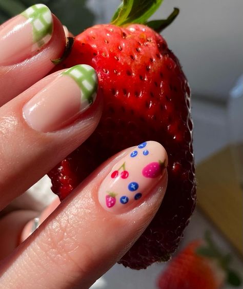 A Fruity Gingham set perfect for spring 🍓🤍🍒🫐 Which fruit is your favorite? All hand painted . Inspo: @mynailgirl_emily . . @dndgel Boston University, Dolce Pink, Goodie Bag, Nightrider, Earth Day, Dainty Daisies, Periwinkle @kokoistusa NTB Hazelnut Creamer Base @gelishprofessional Sheek White . . . #nailart #nailarttutorial #nailvideos #nails #nailideas #nailinspo #naildesigns #diynails #nailtrends #manicure #uñas #springnails #gingham #mani #easynailart #simplenailart #fruit #fruitnails nai... Farmers Market Nails, Short Fruit Nails, Cute Gel Manicure, Tomato Nails, Cute Fruit Nails, Natural Nails Spring, Nail Inspo Natural Nails, Fruits Nails, Gingham Nails