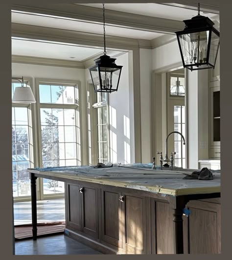 Grace Stoffer Design, Kitchen Islands With Leg Supports, Steve Tiek Design, Off Center Sink In Island, Kitchen Behind Living Room, Range In Kitchen Island, Steve Tiek, 1800s Kitchen, Lower Level Bar