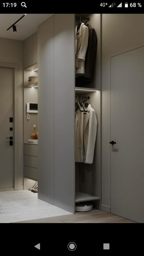 Closet For Hallway, Modern Entry Closet, Small Hallway Design Ideas, Corridor Design Home, Entrance Hall Wardrobe, Entrance Layout, Apartment Entrance Design, Corridors Design Home, Corridor Furniture