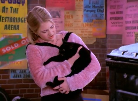 Salem the cat makes Sabrina (Melissa Joan Hart) angry and he ends up stolen by a kid who wants to name him Stinky in the holiday-themed episode of Sabrina, The Teenage Witch entitled "A Girl and Her Cat" (1996). Sabrina And Salem, Salem The Cat, Sabrina Spellman Outfit, Salem Saberhagen, Salem Cat, Witch Tv Series, Sabrina Spellman Style, Girl And Her Cat, Sabrina Witch