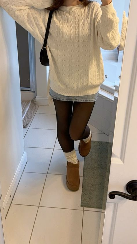 Uggs Fall Aesthetic, Jean Skirt With Leggings Outfit, Fall Outfits With Mini Uggs, Sheet Tights Outfit, Gray Ugg Slippers Outfit, Outfit Ideas Winter Skirt, Jean Skirt With Tights Outfit, Outfits That Go With Uggs, Uggs With Tights