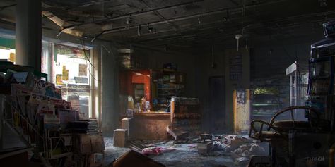 ArtStation - Abandoned convenience store, Wanxing Wang Environment Projects, Apocalypse World, Apocalypse Aesthetic, Cafe Concept, Game Environment, Perspective Art, Scene Art, Environmental Design, Environment Concept Art