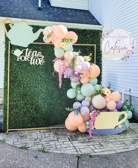 Tea for Two theme, Pastel colors, Grass Wall, Gold Stand High Tea Balloon Garland, Tea For Two Balloon Arch, Tea Party Balloon Backdrop, Tea Party Balloon Garland, Tea Party Backdrop Ideas, Tea Party Photo Backdrop, Ballerina Template, Tea Party Backdrop, Ballon Business