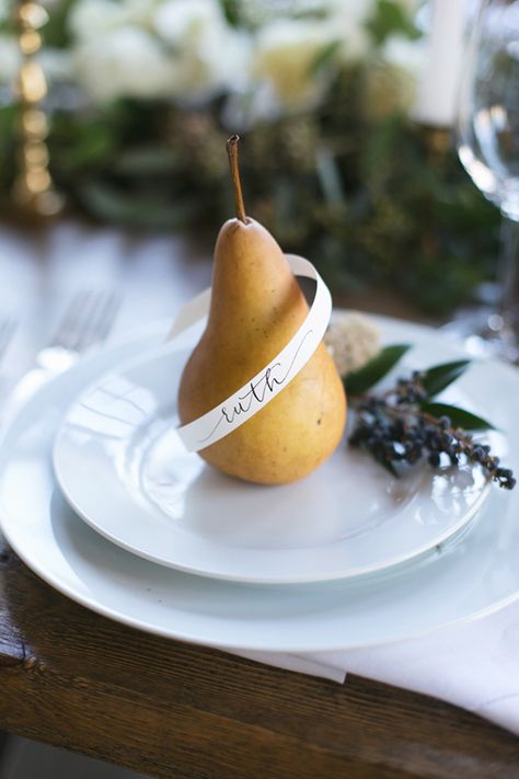 Pear Wedding Inspiration In A Warehouse Setting | Wedding Photography Wedding Couple Table, Fruit Wedding, Table Place Settings, Winter Fruit, Wedding Place Settings, Fall Tablescapes, Wedding Places, Diy Wedding Decorations, Holiday Tables