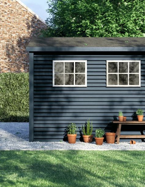 Exterior Fence, Fence Paint Colours, Blue Shed, Painted Shed, Shed Makeover, Outside Paint, Masonry Paint, Charcoal Blue, Courtyard Gardens Design