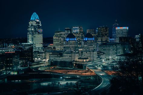 View of the skyline at night, Cincinnati, Ohio Cincinnati Skyline, Skyline At Night, Skyline View, Hotel Motel, White Car, Posters Framed, City Car, Cincinnati Ohio, Image House