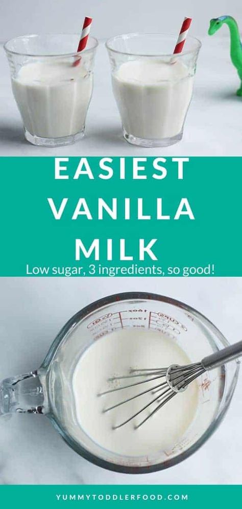 Learn how to make homemade Vanilla Milk in 2 minutes with 3 simple ingredients—and way less sugar! #vanillamilk #toddlerfood #toddlersnack #kidsfood #glutenfree Vanilla Milk Recipe, Creamer Homemade, Toddler Snack, Healthy Snacks To Make, Making Yogurt, Baby Recipes, Yogurt Drinks, Milk Syrup, Vanilla Milk